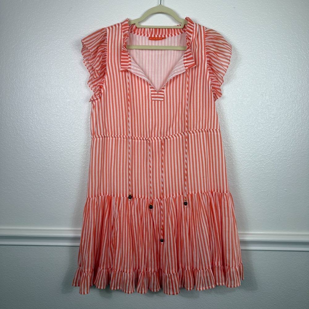 Oliphant Orange/White Striped Ruffle Cap Sleeve Tiered Dress, Size L Game Day